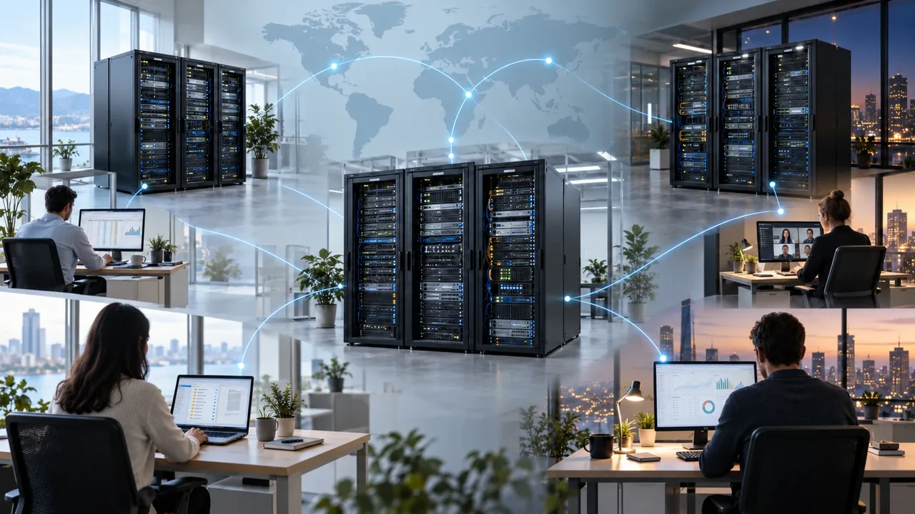 Concept illustration of a cross-border network: lines on a world map link several server rooms with staff working in offices in different cities