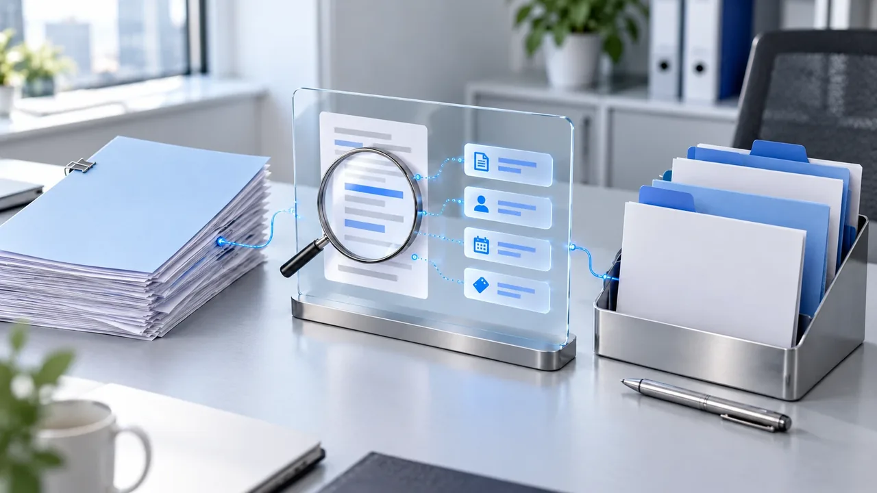 Contract analysis illustration: a stack of contracts on a desk, a glass screen pulling key terms into reviewable notes, and a file holder for the results