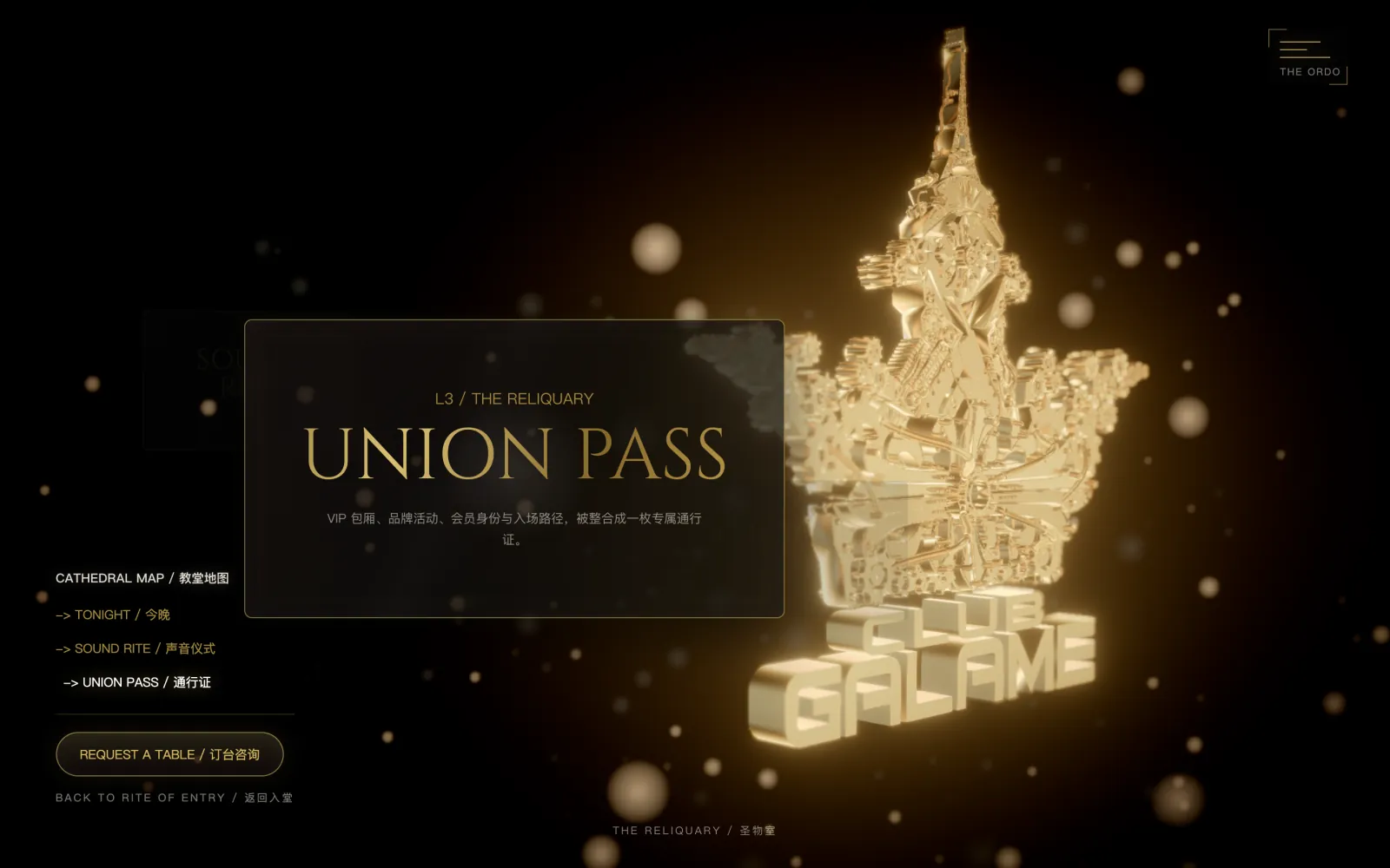 The Reliquary: the gold crown standing upright on the right, and a card titled UNION PASS