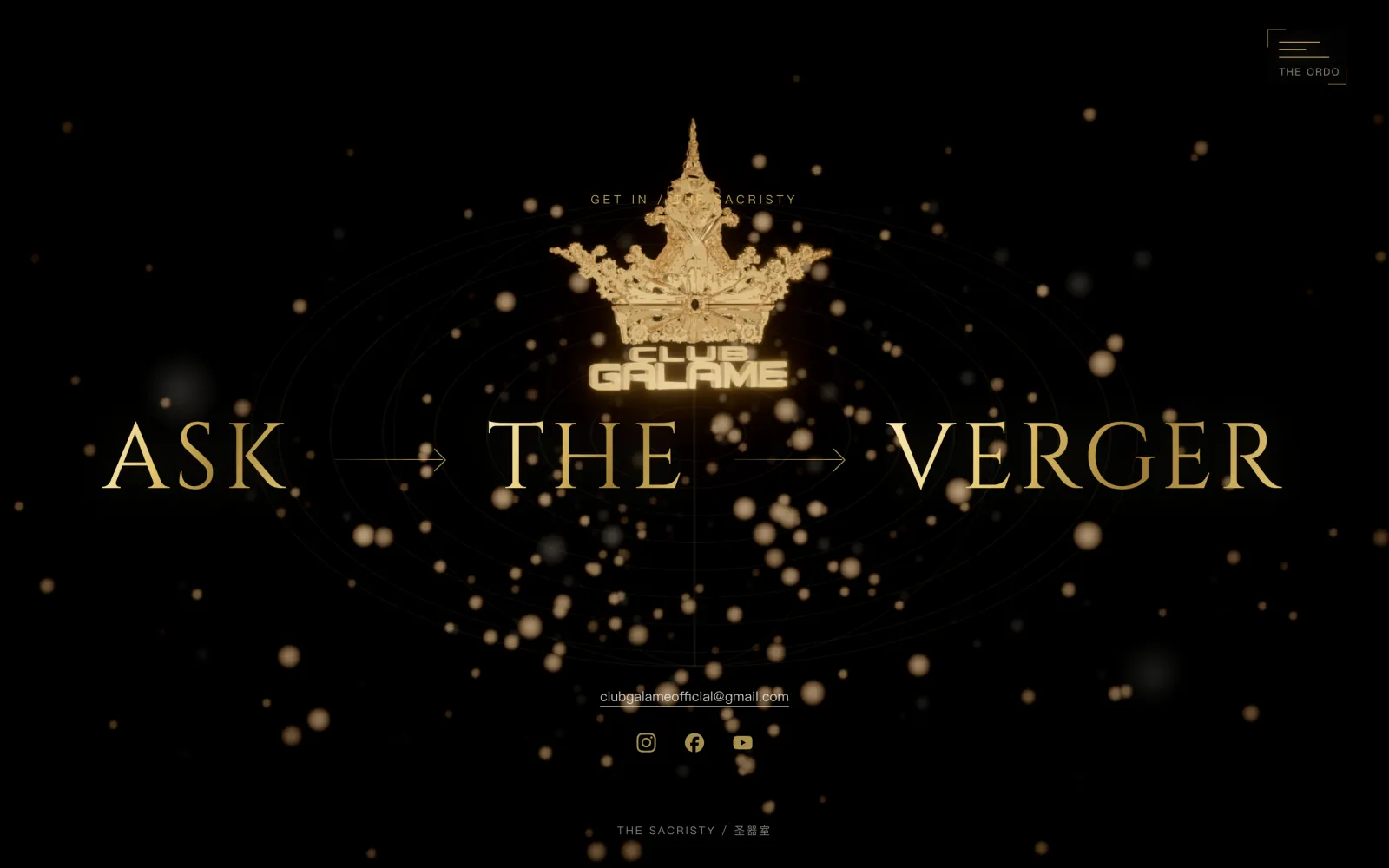 The Sacristy: ASK → THE → VERGER across the screen under the crown, with the contact email and three social icons below