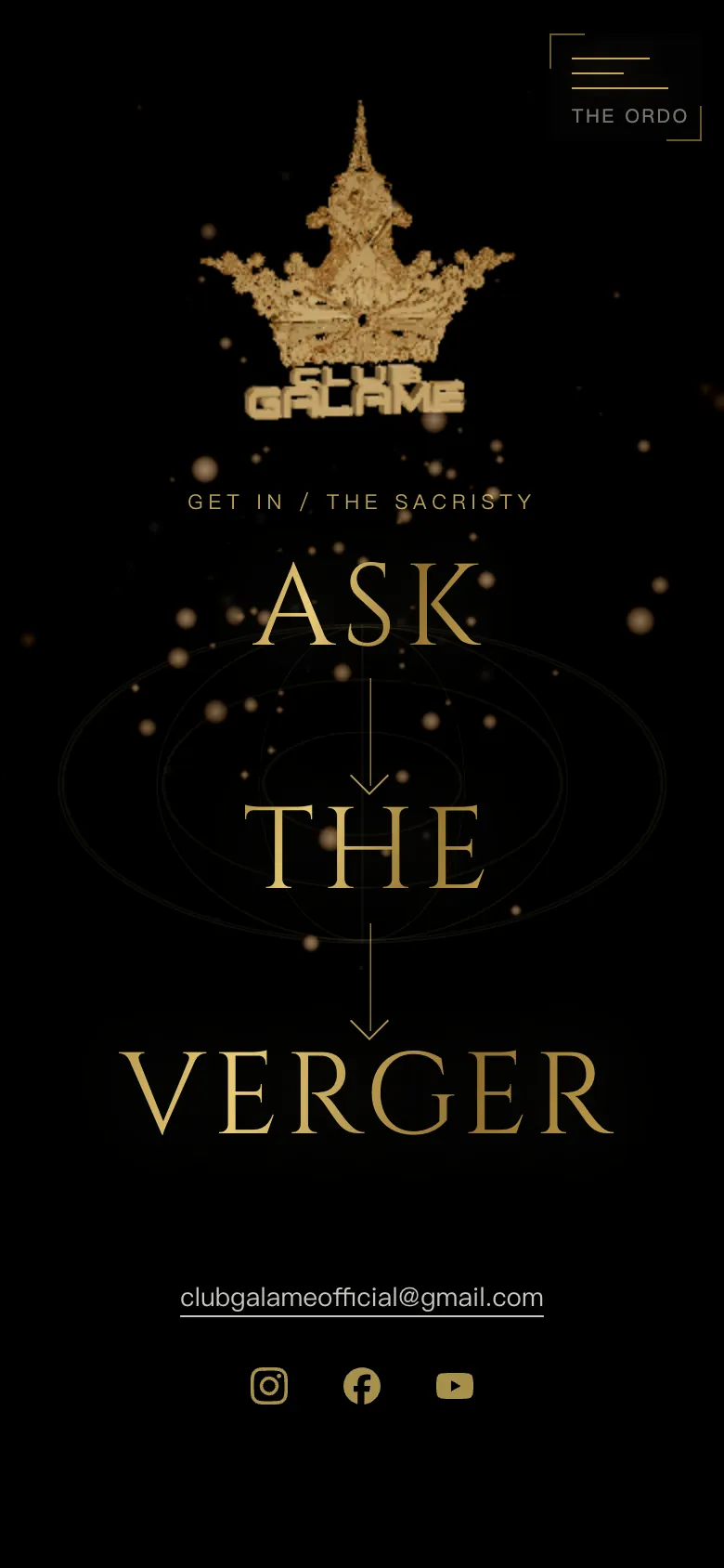 The Sacristy on a phone: ASK, THE and VERGER stacked down the screen, with the contact email and three social icons at the bottom