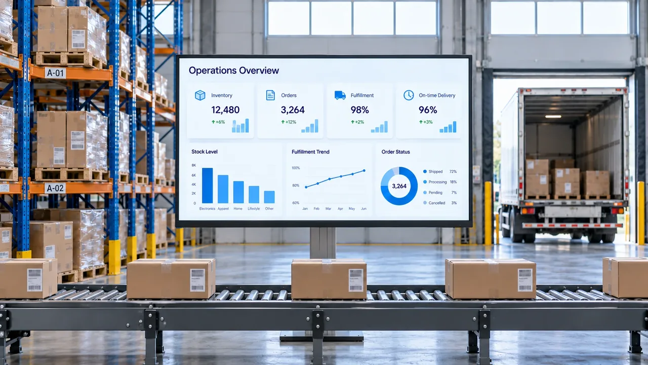 Inventory and fulfillment illustration: an operations dashboard beside warehouse shelving, showing stock, orders, shipping and on-time delivery